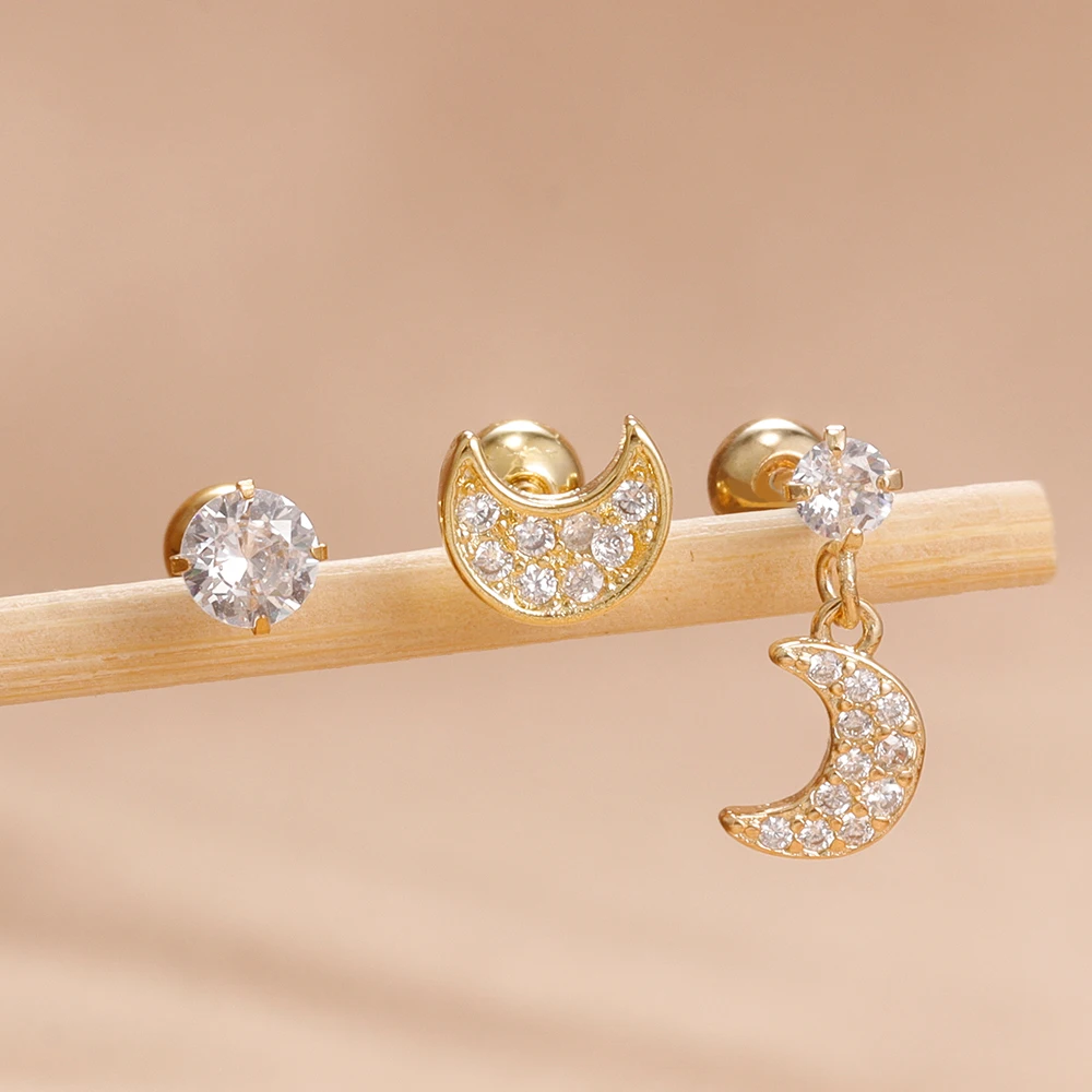 رائعة ريترو القمر الفولاذ المقاوم للصدأ الزركون الأذن وأقراط مجموعة للنساء موضة الكورية 14K مطلية بالذهب القرط مجوهرات
