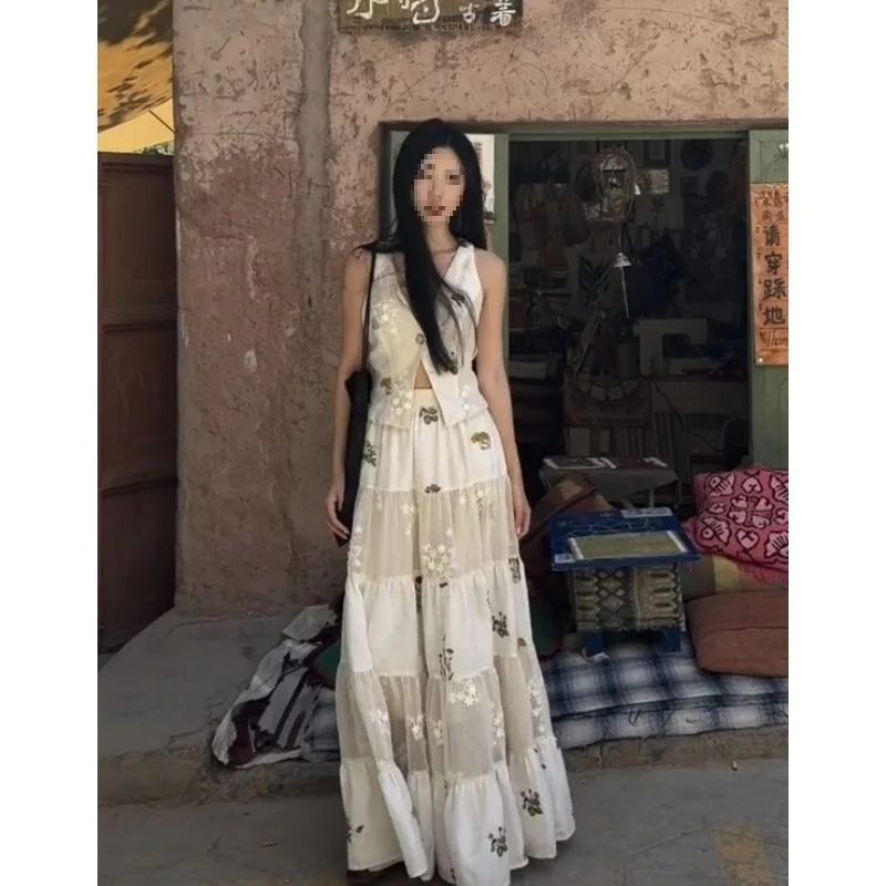

2026 French Floral Lace Patchwork 2PCS Suit Elegant Waistcoat Skirt Two Piece Outfit Ladies Fashion Beach Vacation Casual Dress
