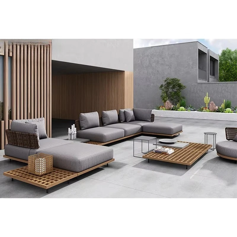 

Modern Patio Sofa Set Wood Backyard Corner Luxury Furniture Couch Sectional Lounge Rattan Rope Aluminum Teak Outdoor Garden Sofa