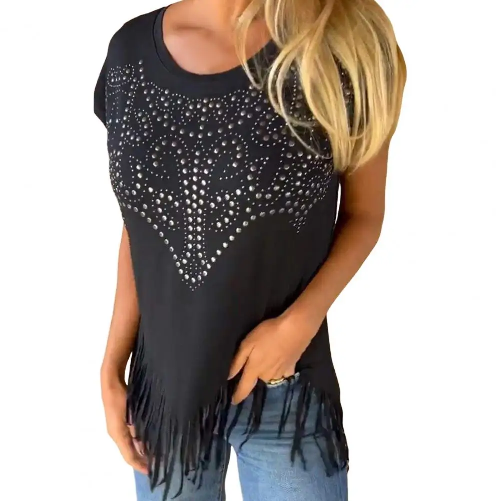 Women Summer Tops Stylish Women's Summer T-shirt Collection Loose Fit Round Neck Tops with Hot Drilling Detail Tassel for Casual