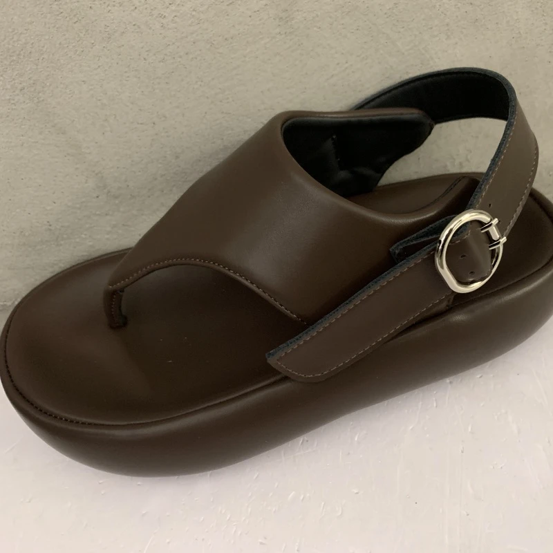

Thick-soled Heightening Belt Buckle Clip-toe Sandals 2025 Summer Leather Beach Shoes Casual Roman Women's Shoes