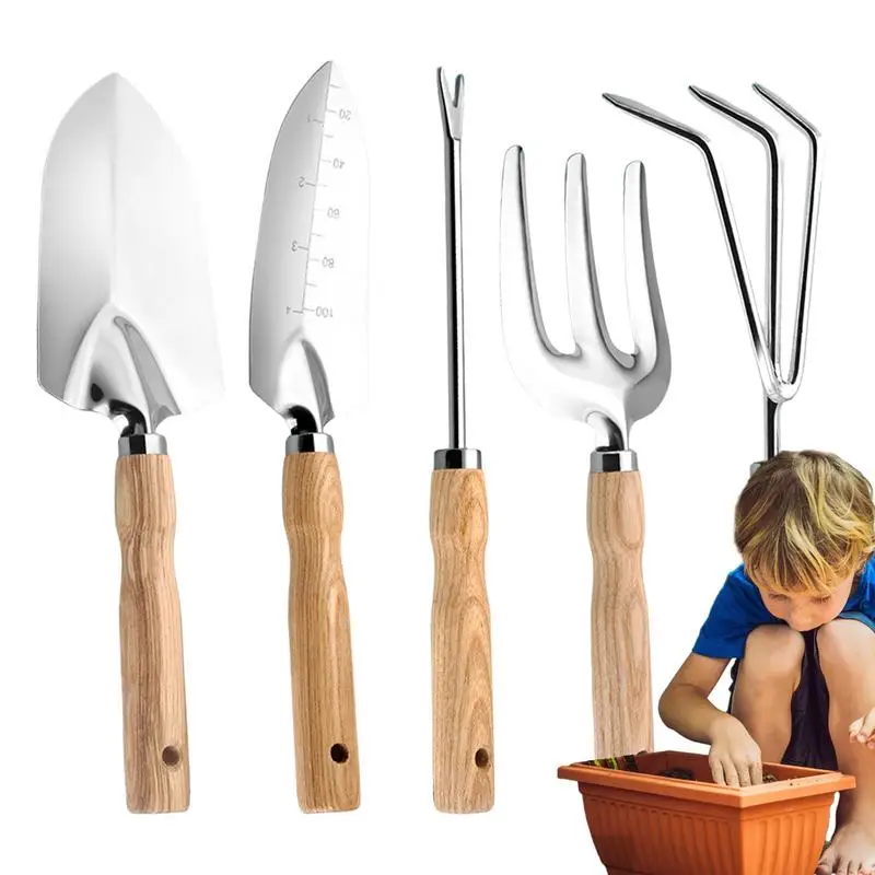 Garden Hand Tools Set 5PCS Gardening Tool Kit Stainless Steel Heavy Duty Planting Tools Multi-purpose Rake Shovels Root Picker