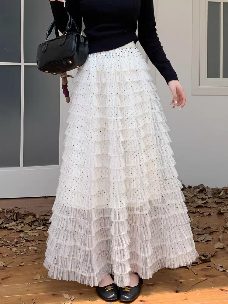 秋のティアードチュールポルカドットマキシスカートレディースハイウエスト流れるようなフレアスカート、伸縮性ウエスト、痩身Aラインシルエット