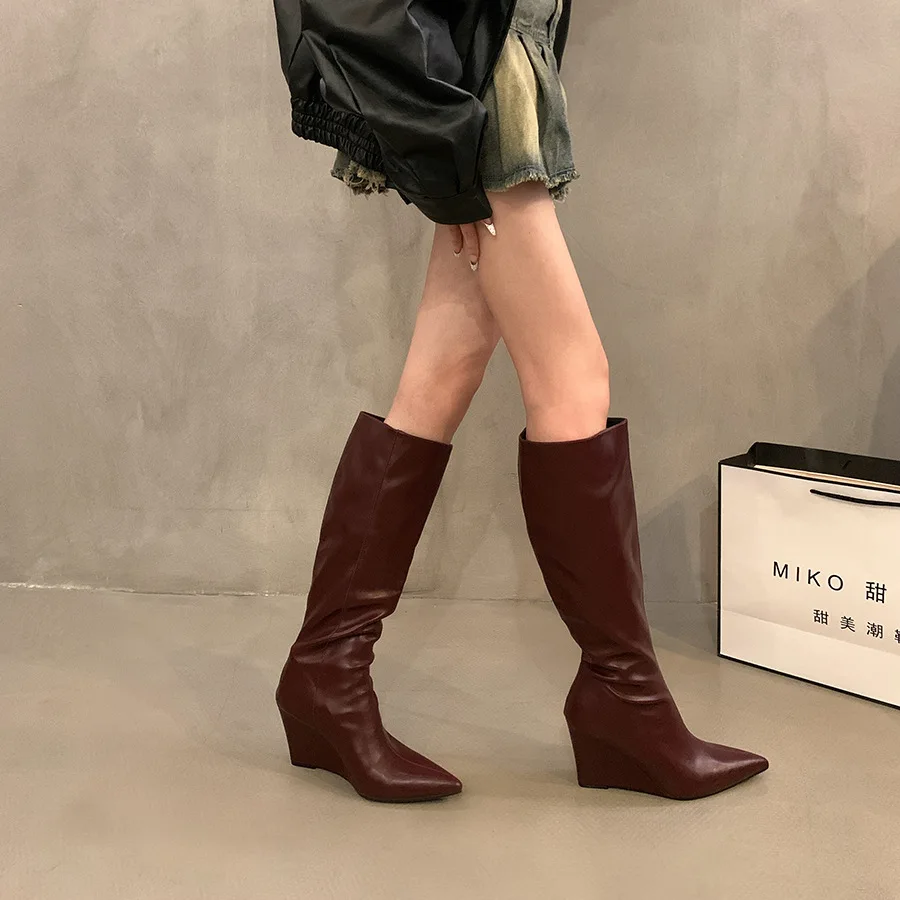 Knee-High-Top Solid Color Leather Botas Largas De Mujer Wedges High Heels Pointed Toe French Style Slip On Long Boots For Women