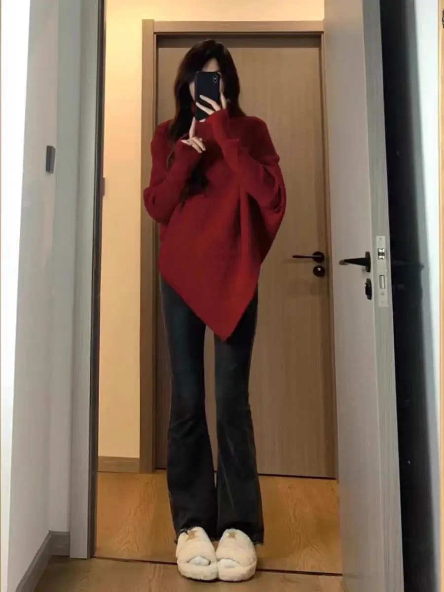 

Vintage Winter Sweater Comfortable Polyester Fiber Midweight Solid Red High Collar Knitwear Women's Fashion Hong Kong Style