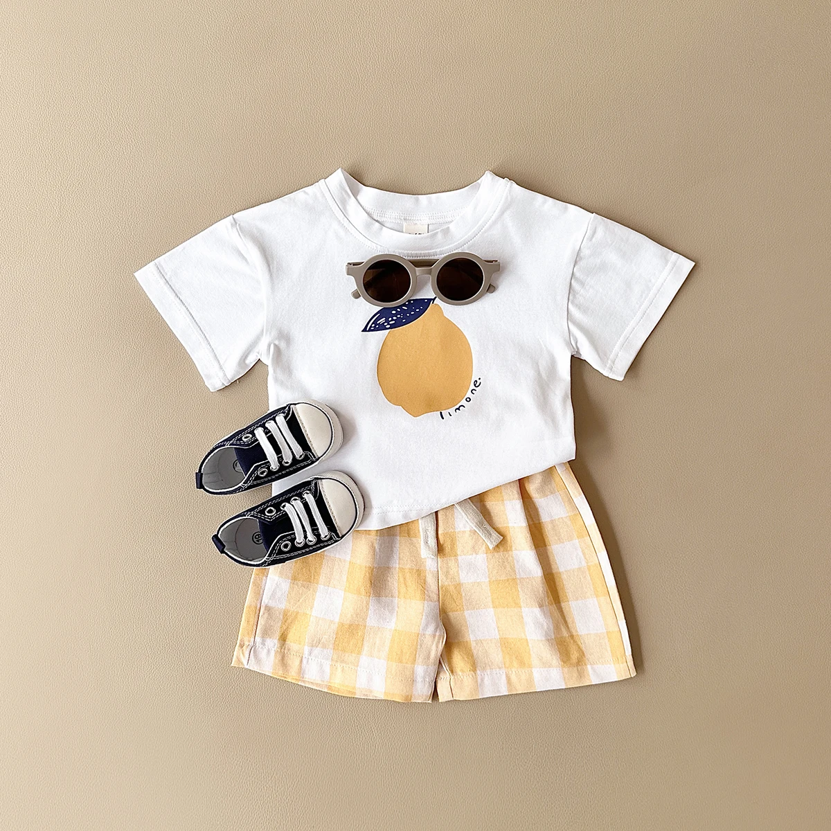 2024 Summer Toddler Outfit Newborn 2PCS Baby Boys Girls Clothes Set Lemon Print T-shirt+Checkered Shorts Beach Infant Set 0-3Y