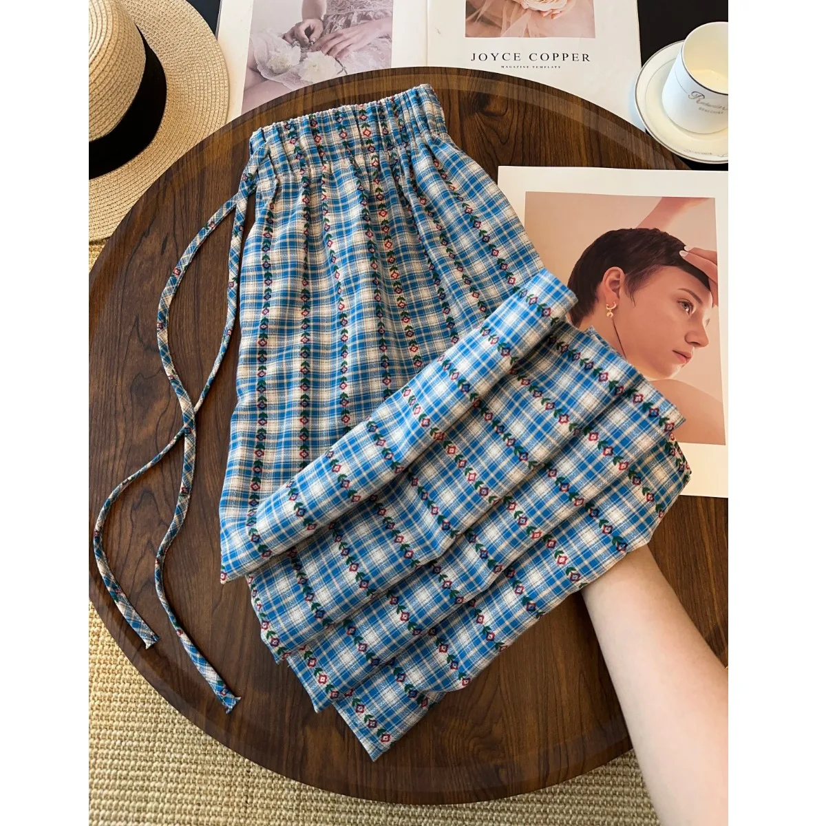 

Summer Blue Plaid Wide Leg Pants Women's High Waist Straight Cut Loose Fit Trousers Thin Cotton Polyester Blend Casual Pants