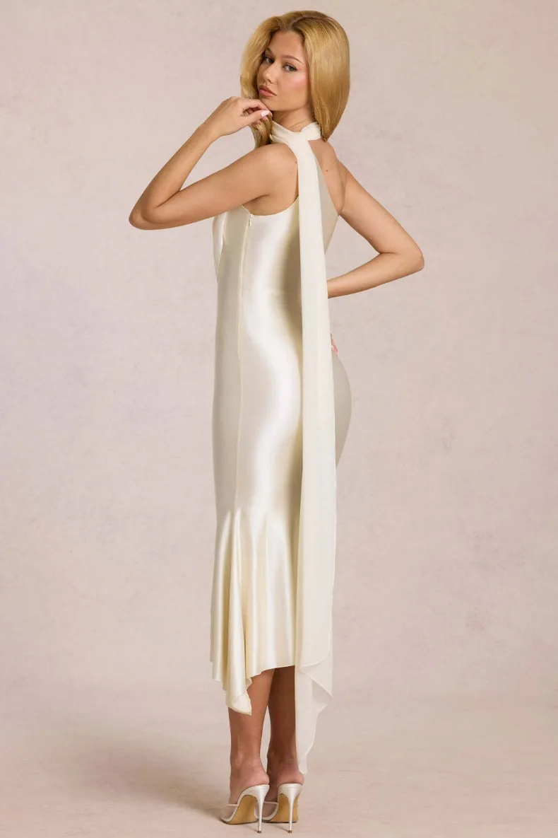 Halsbandkleid aus Satin mit Schleife, sexy, elegant und modisch, langes Damenkleid für Abschlussfeier und Abendessen. – Detail 6