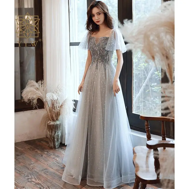 New Gray Long Half Sleeve Lady Girl Women Princess Bridesmaid Banquet Party Ball Prom Dress Flower Embroidery Performance Gown