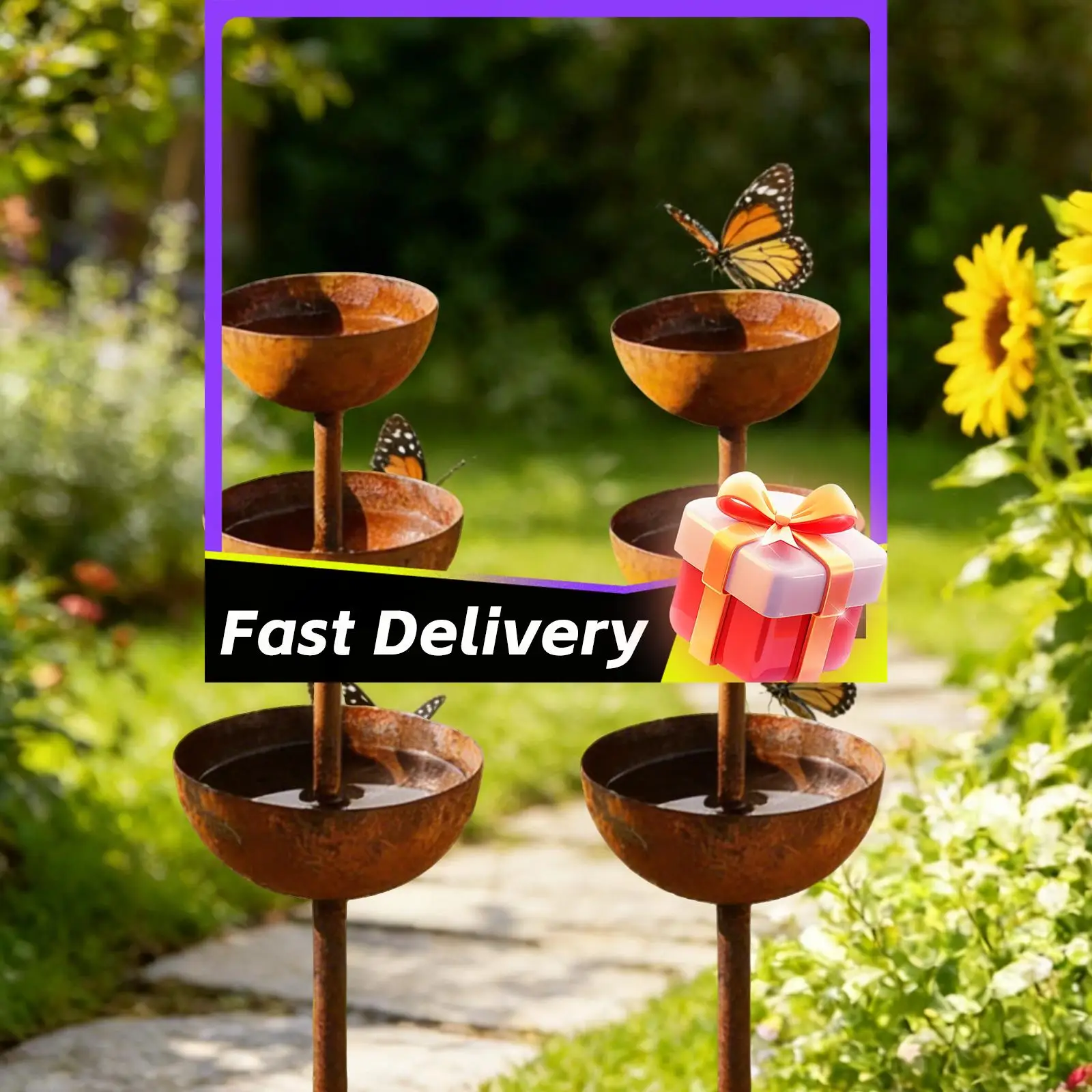 Outdoor Bird Bath with 3-Tiered Water Bowls Rain Water Catcher Metal Garden Stakes Bird Bath for Home Garden Backyard Courtyard