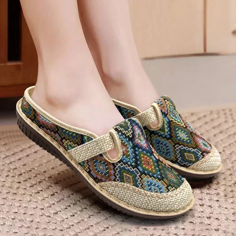 Fashion Women\'s Shoes Ethnic Style Embroidered Linen Breathable Outdoor Casual Slippers Shoes for Women