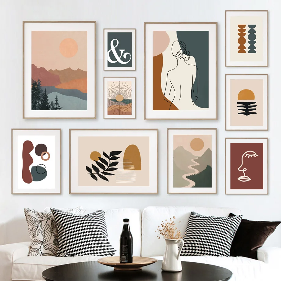 Boho Mid Century Modern Wall Art Abstract Minimalist Landscape Line Art Print Neutral Beige Terracotta Gallery Living Room De