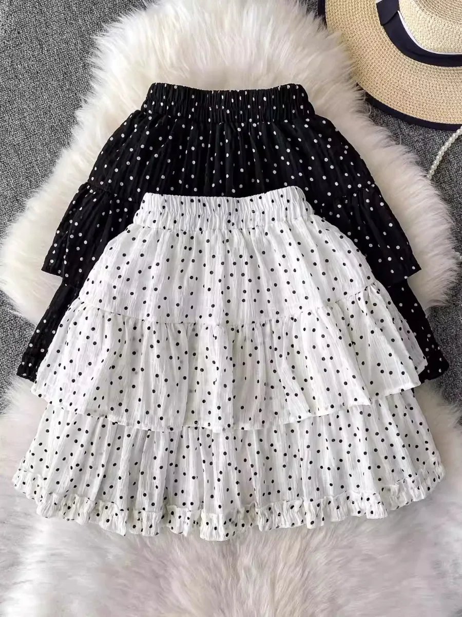

Foamlina Sweet White Polka Dot Tiered Skirt Women 2025 New Petite Versatile High Waist Slimming Anti Glare Lined Mini Skirts