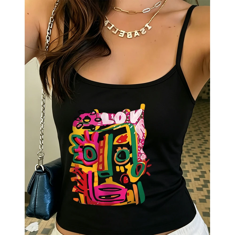 Trendy Bold Abstract Face Graphic Sleeveless Cami Top Women Slim Fit Tank Top Cool Art Vibe For Casual Hangout And Holiday Look