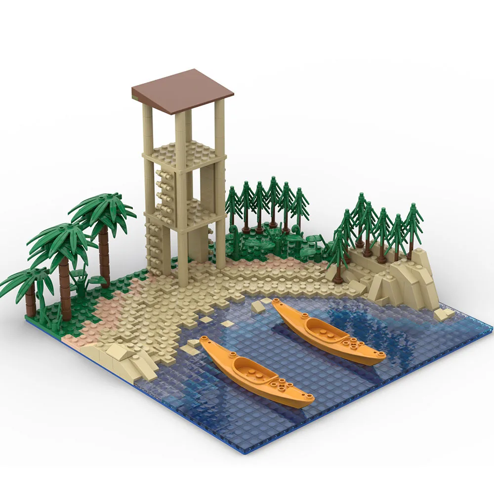 MOC Beach Watchtower Ship Tree Small Particle Building Blocks Military Scene Compatible Figures Bricks Model DIY Assemble Toys