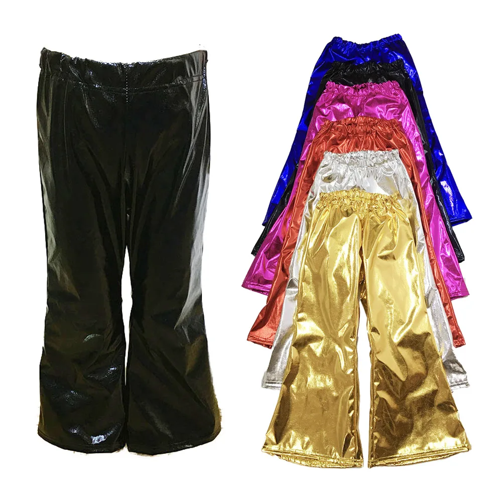 

Adult Boys Girls Shiny Bell Bottoms Costumes Hip-hop Dancing Trousers Sexy PU Leather Metallic Pants Holographic Flare Pants