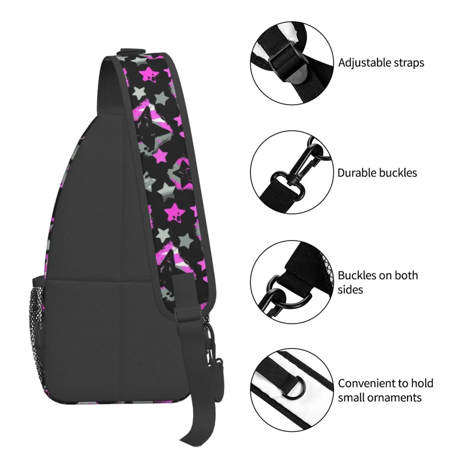 Bolsa Crossbody Sling para Mulheres e Homens, Bolsas de Ombro, Mochila Casual, Viagem, Caminhada, Exterior, Rosa, Preto, Estampa Estrela