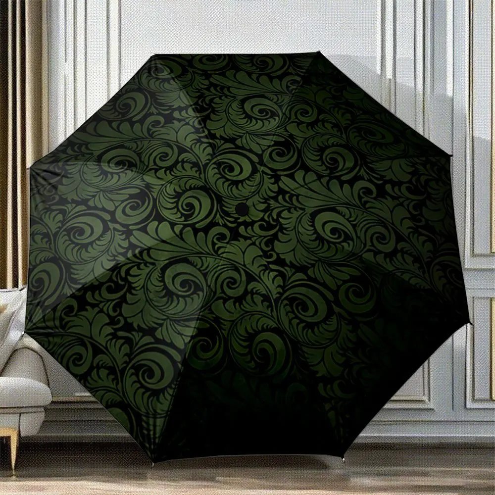 

Зеленый узор в виде листьев на черном фоне характеризует этот автоматический складной зонт. Это портативная и складная вещь.