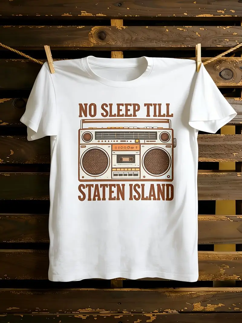 Unisex Short Sleeve T-Shirt, Loose Fit Pure Retro Brooklyn Boombox Geometric Pattern Print Crew Neck Top, Machine Washable