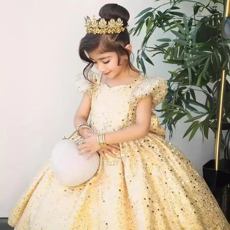 2024 Girls Puff Sleeves Ball Gown Elegant Birthday Party Noble Evening Dresses Newborn Baptism Clothes Sequin Children Vestidos