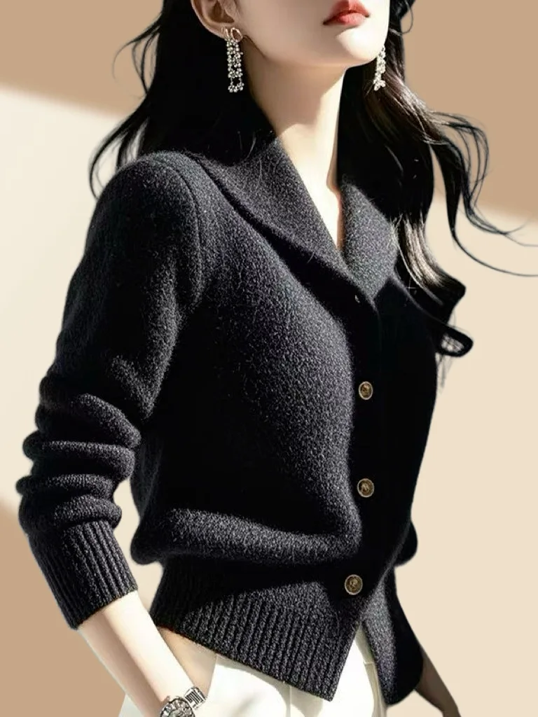 

2025 New Spring Autumn Turndown Collar High End Women Knitt Cardigan Sweater Fashion Korean Version Female Knitwear Tops