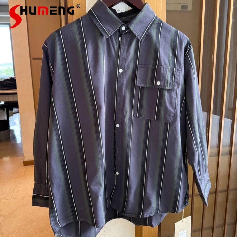

Fashion Gradient Color Striped Long Sleeve Shirts Men 2025 Autumn Winter Retro Loose Comfort Tops High-End Niche Cotton Shirt