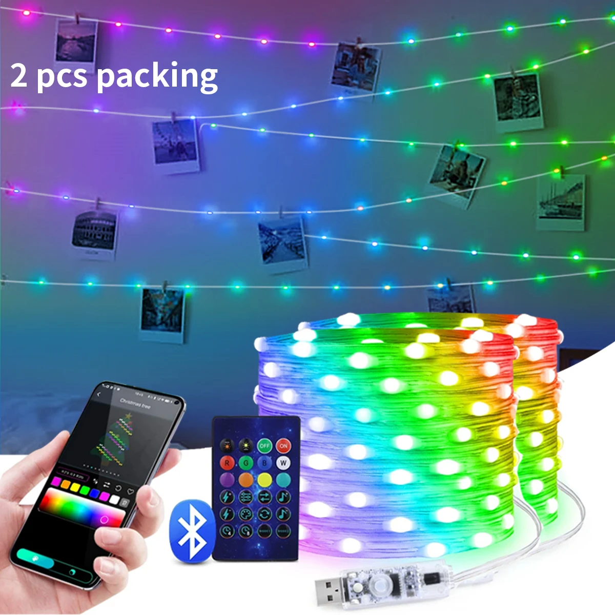 20m RGBIC LED String Light WS2812B RGB Fairy Christmas Lights Bluetooth USB 5V adresseerbare individuele muziek APP Droomkleur