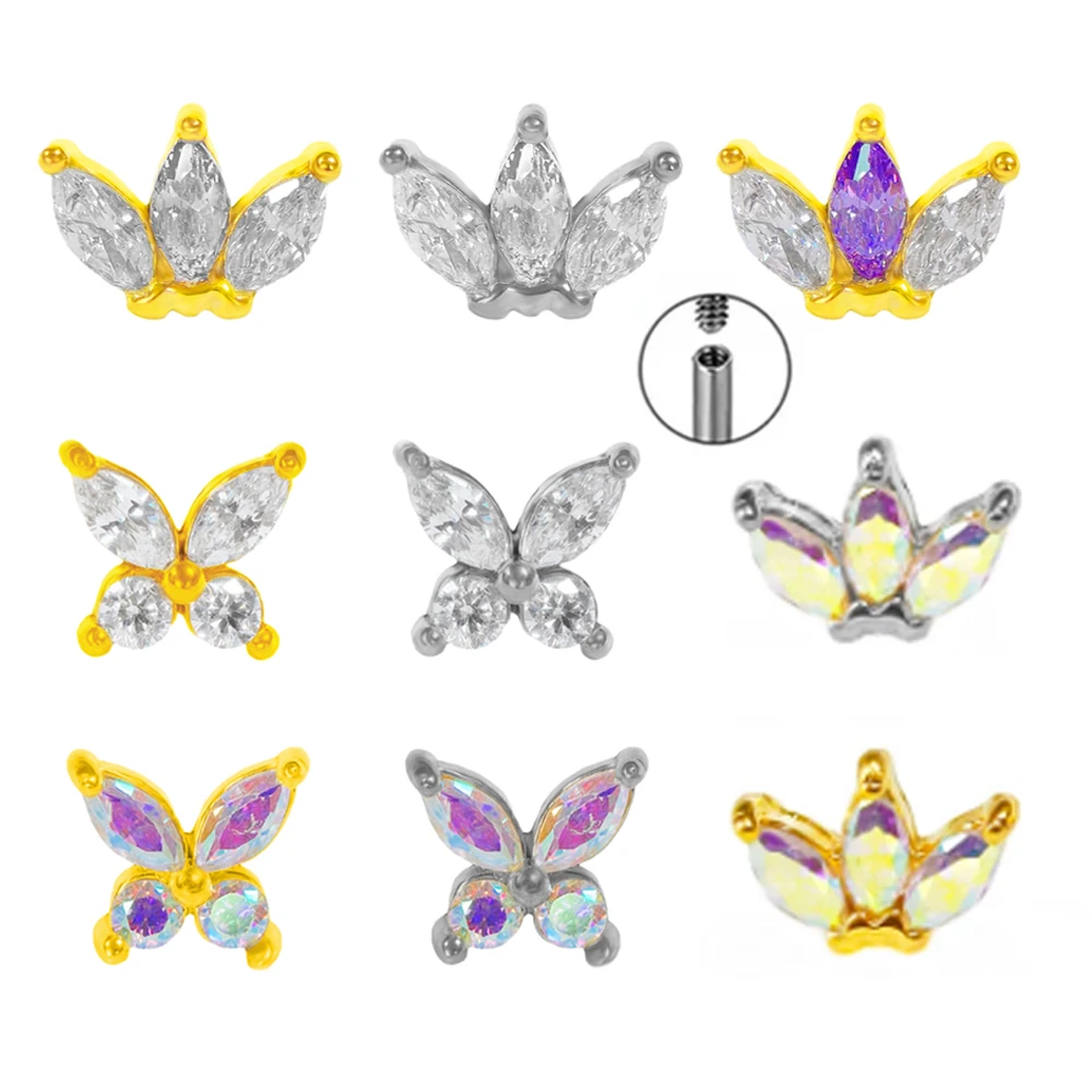 Tiny Crown Labret Piercing Forward Helix Earring Stainlesss Horse Eye Zircon Internally Threaded Butterfly Tragus Stud Jewelry