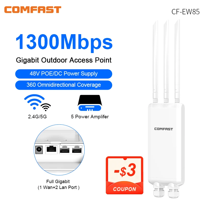 1300Mbps Outdoor Access Point High Power 2.4G 5GHz Gigabit Router AP Repeater Long Range 3*5dbi Antenna Street Garden 48V POE/DC