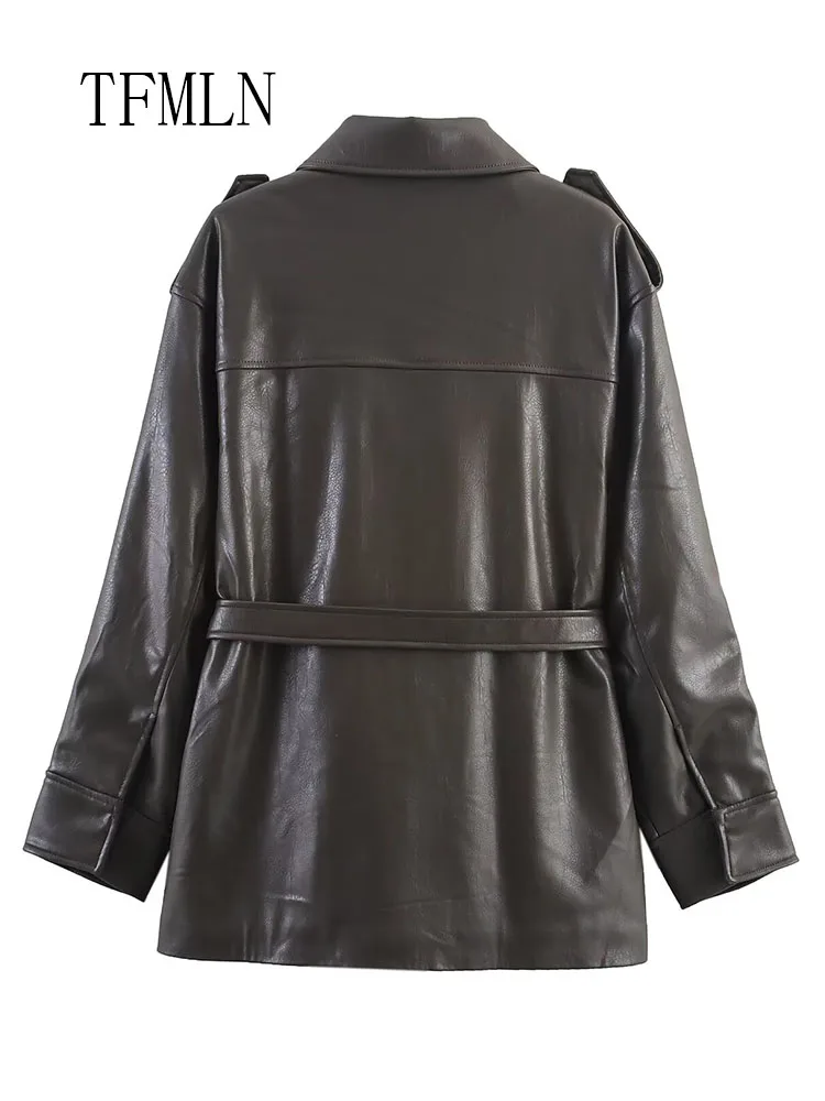 TFMLN سترات من الجلد الصناعي غير رسمية للنساء جيوب أنيقة عتيقة وأكمام طويلة وحزام فضفاض ملابس خارجية لخريف وشتاء 2025 #4