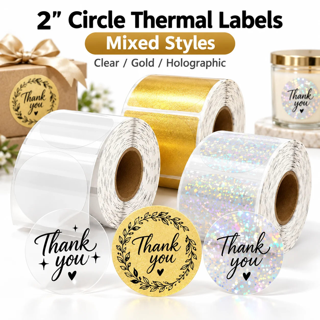 300/500Pcs Clear round Labels 2-Inch Durable Thermal Adhesive Stickers No Ink Printing Printable Name Tag Roll Stock for Printer