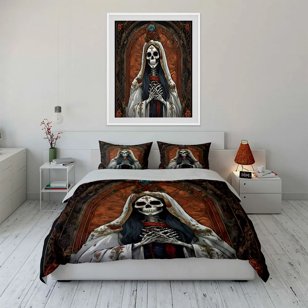 Skeleton bride with rose background Duvet Cover Set Digital Print Colorful Polyester Bedding with Zipper Closur for gifts