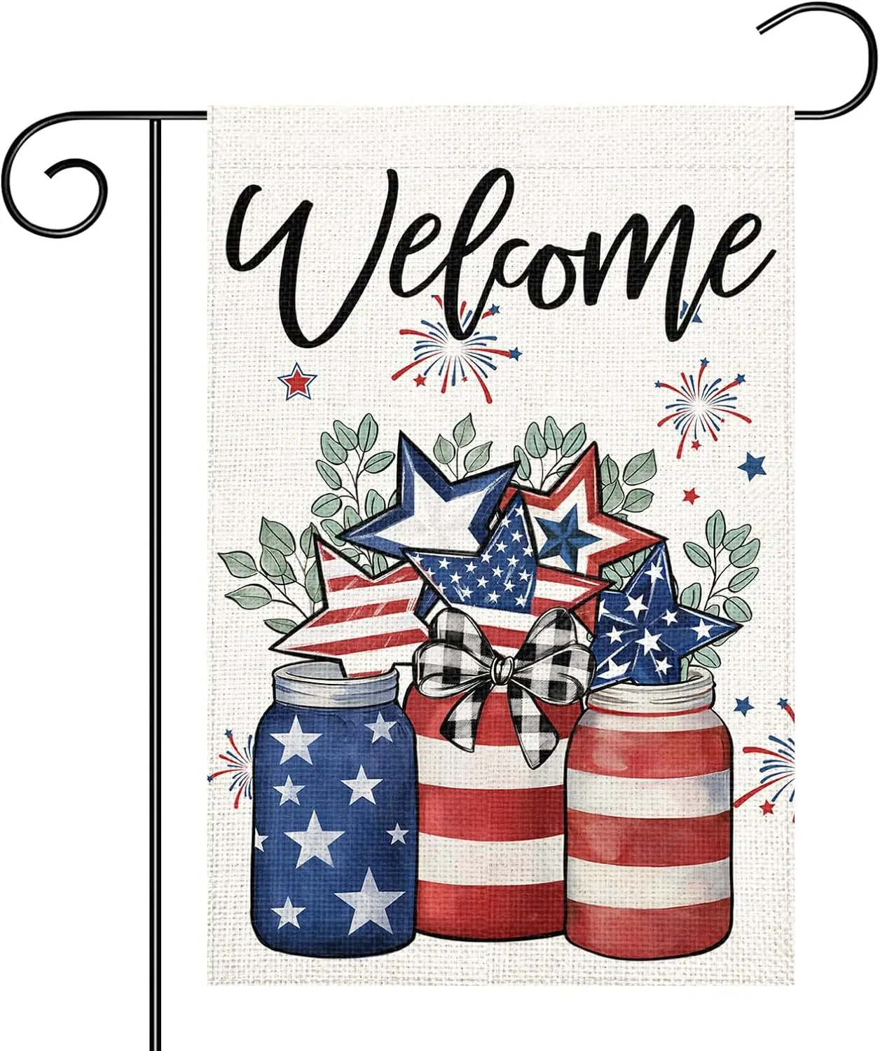 4th of July Independence Day Garden Flag 12x18 Double Sided Burlap Patriotic Red Blue Mason Jar Stars Garden Flag for Outdoo uui
