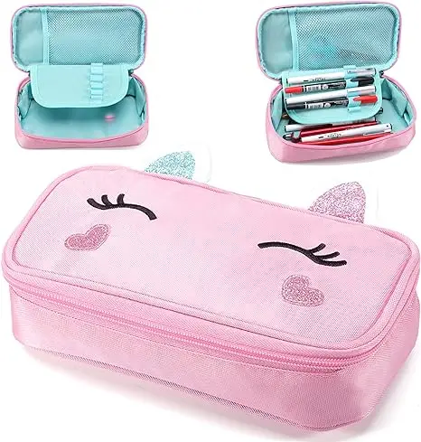 Dwuczęściowy zestaw dla dziewczyn: uroczy piórnik i torba na lunch z motywem jednorożca, miękki piórnik damski, pojemny organizer na artykuły piśmiennicze, etui na długopisy, artykuły szkolne, uniwersytet, organizer biurowy, duża pojemność (różowy)