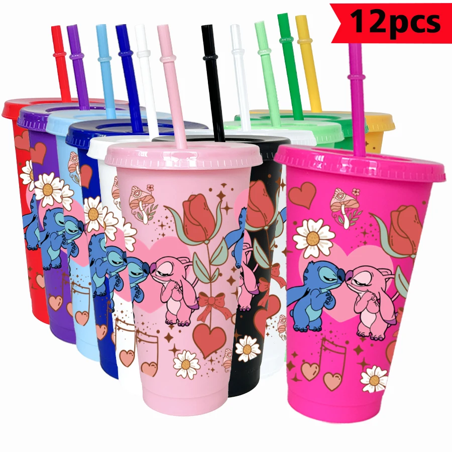 

12Pcs/pack Disney Stitch Floral 26oz Colored Plastic Tumbler Birthday Party Drinking Utensils Juice Coffee Mug