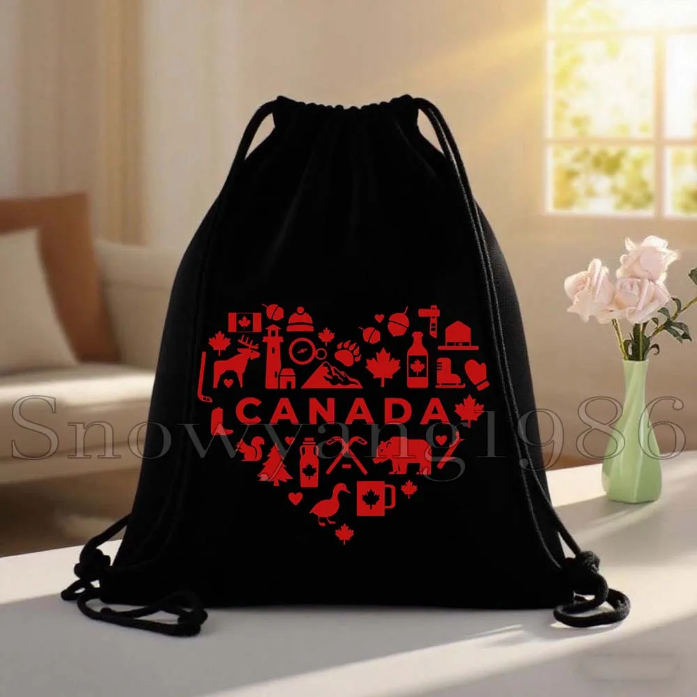 Canada Map Flag Happy Canadian Girl Toronto Tourist Gift Canvas Drawstring Bag Soccer Backpack Cotton Sackpack Sports String Bag
