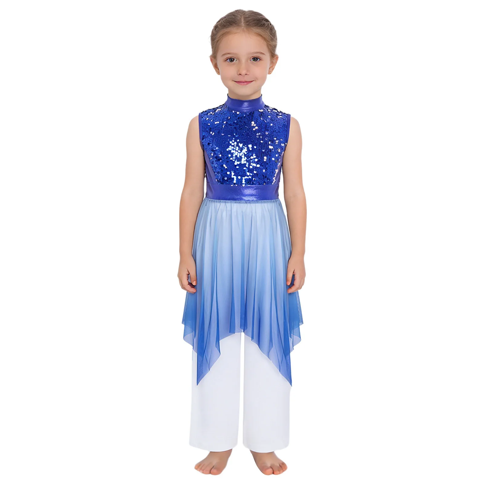 

2Pcs Kids Girls Liturgical Praise Dance Dress Worship Robe Sleeveless Asymmetrical Hem Shiny Sequins Bodice Tunic with Pants