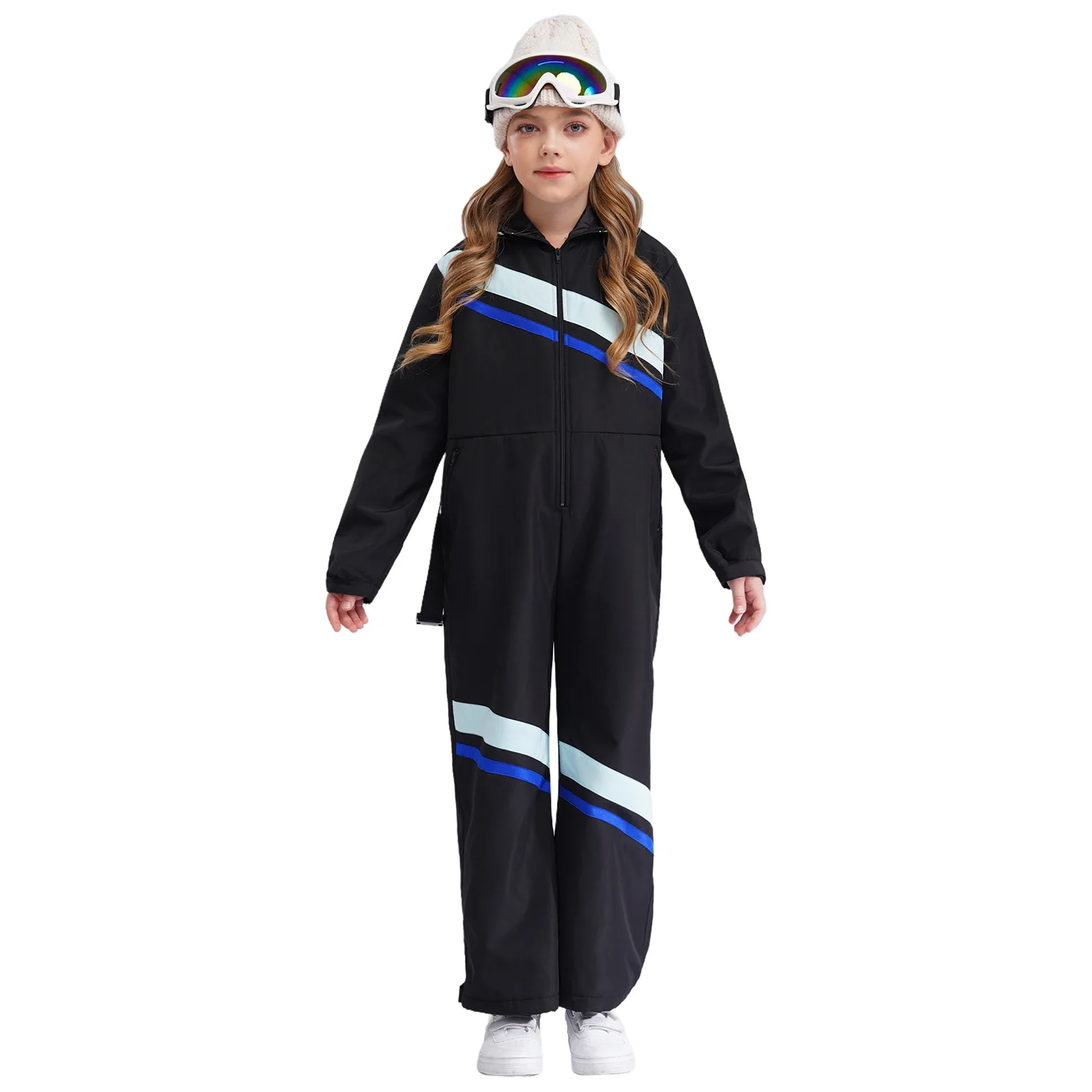 Kids Girls Ski Hooded Skating Dance Jumpsuit Costumes Long Sleeve with Belt Skiing Camping Snowboarding Mountaineering Costumes