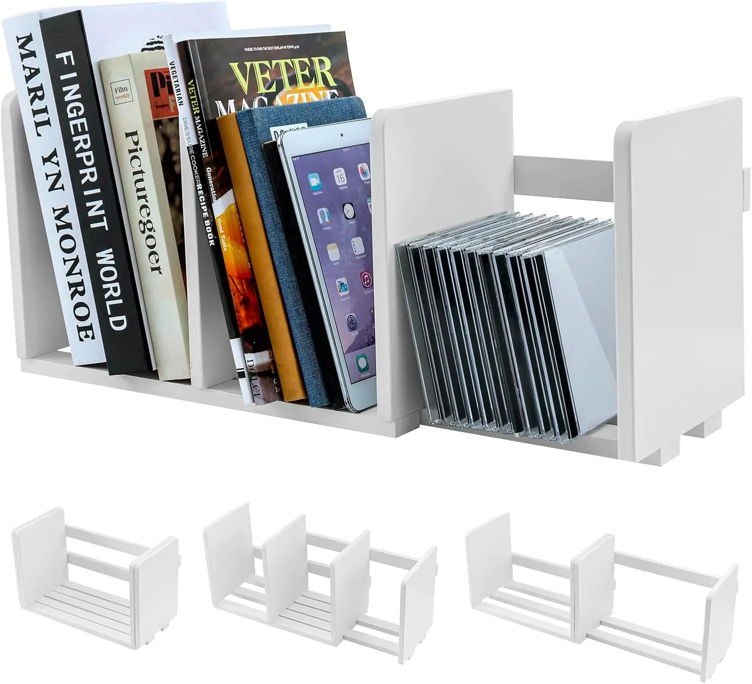

Expandable White Wood Desktop Bookshelf Organizer, Adjustable Display Shelf for Books and Decor