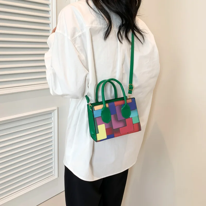 Color Blocking Grid Autumn 2024 Trendy, Casual, Stylish, Fresh, Single Shoulder, Crossbody, Hand-held, Small Square Bag