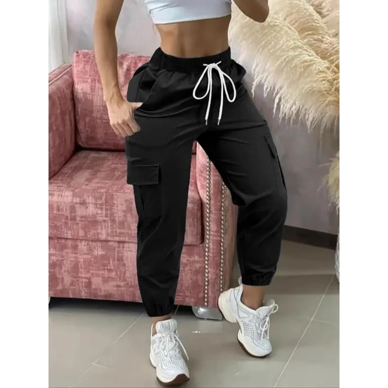Lässige, einfarbige Arbeitshose für Damen in Übergröße mit Taschen, lässiger, taillierter Stil, Frühling und Herbst, bequeme Hose aus gewebtem Stoff