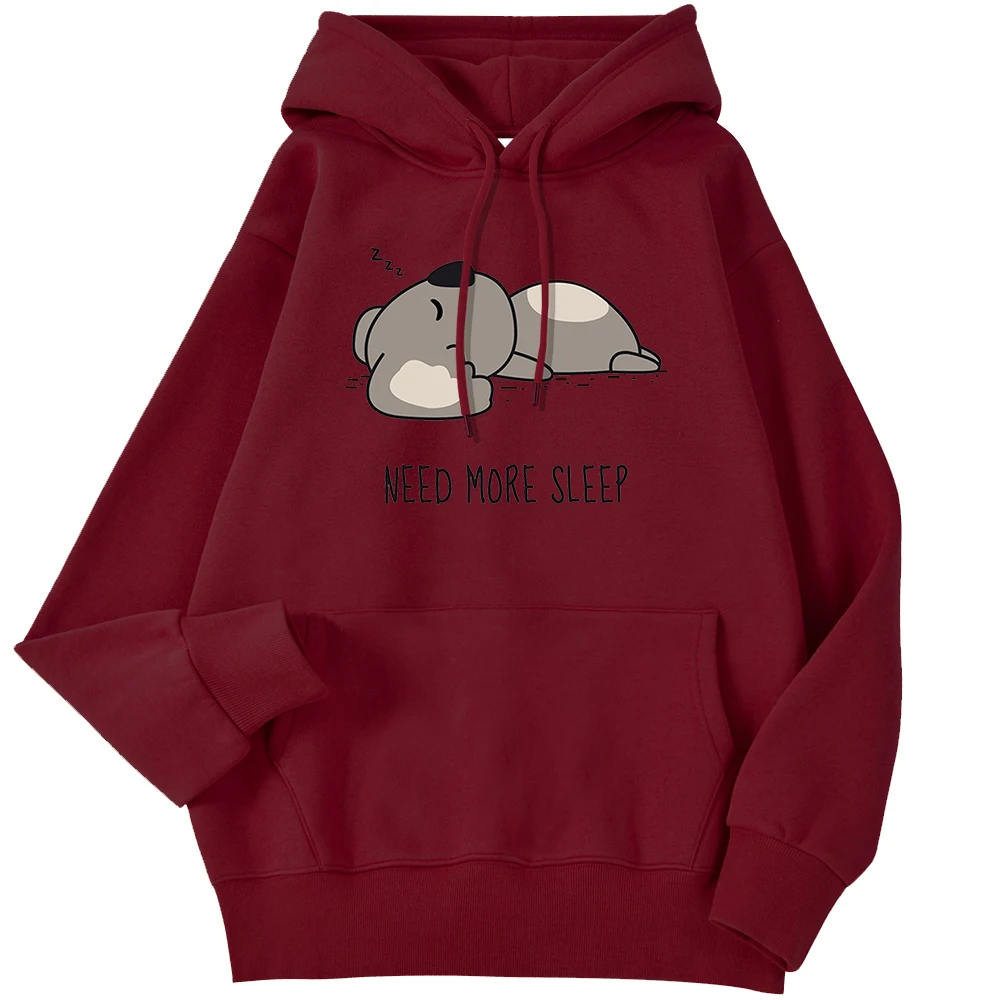 Autumn Womens Hoodie Need More Sleep Cartoons Bear Print Pullover Loose Warm Hoody Drop Sleeves Pocket Tops Cute Female Clothes