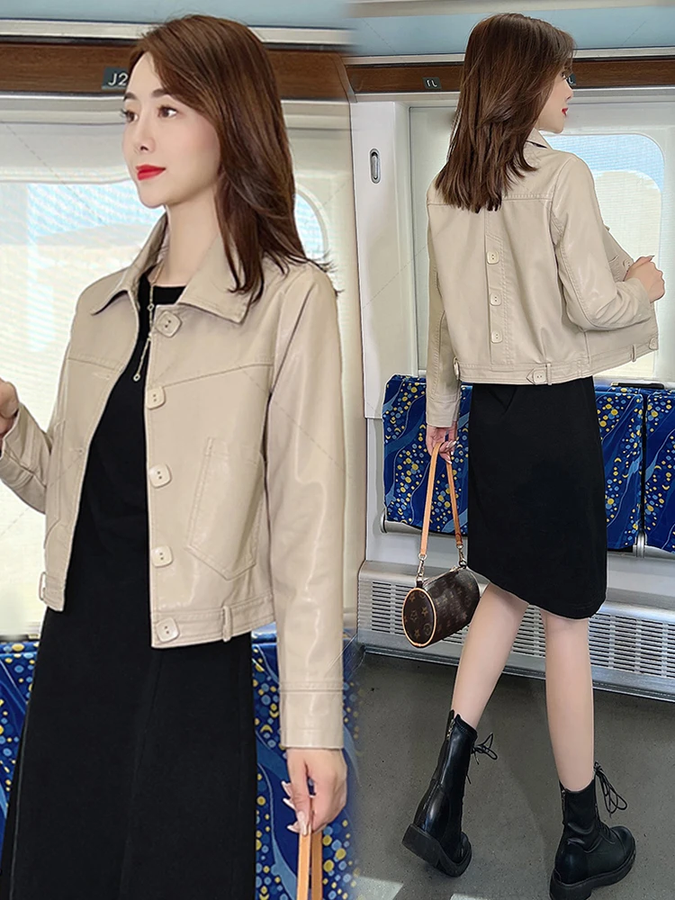 レトロオルトジャエット女性のバイカースレカジュアルスリムフィットレザーコート春秋ファイオン高品質レディースコート