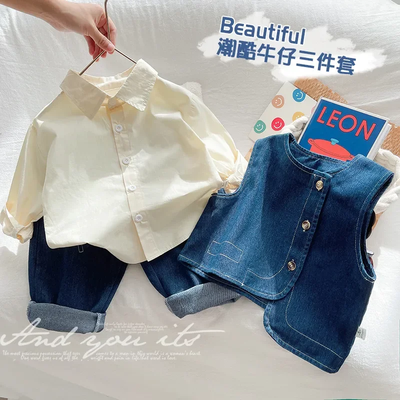 

Korean Boys' Spring and Autumn Set Collar Shirt + Denim Vest + Jeans Three Piece Set Trendy and Handsome Children's Clothing