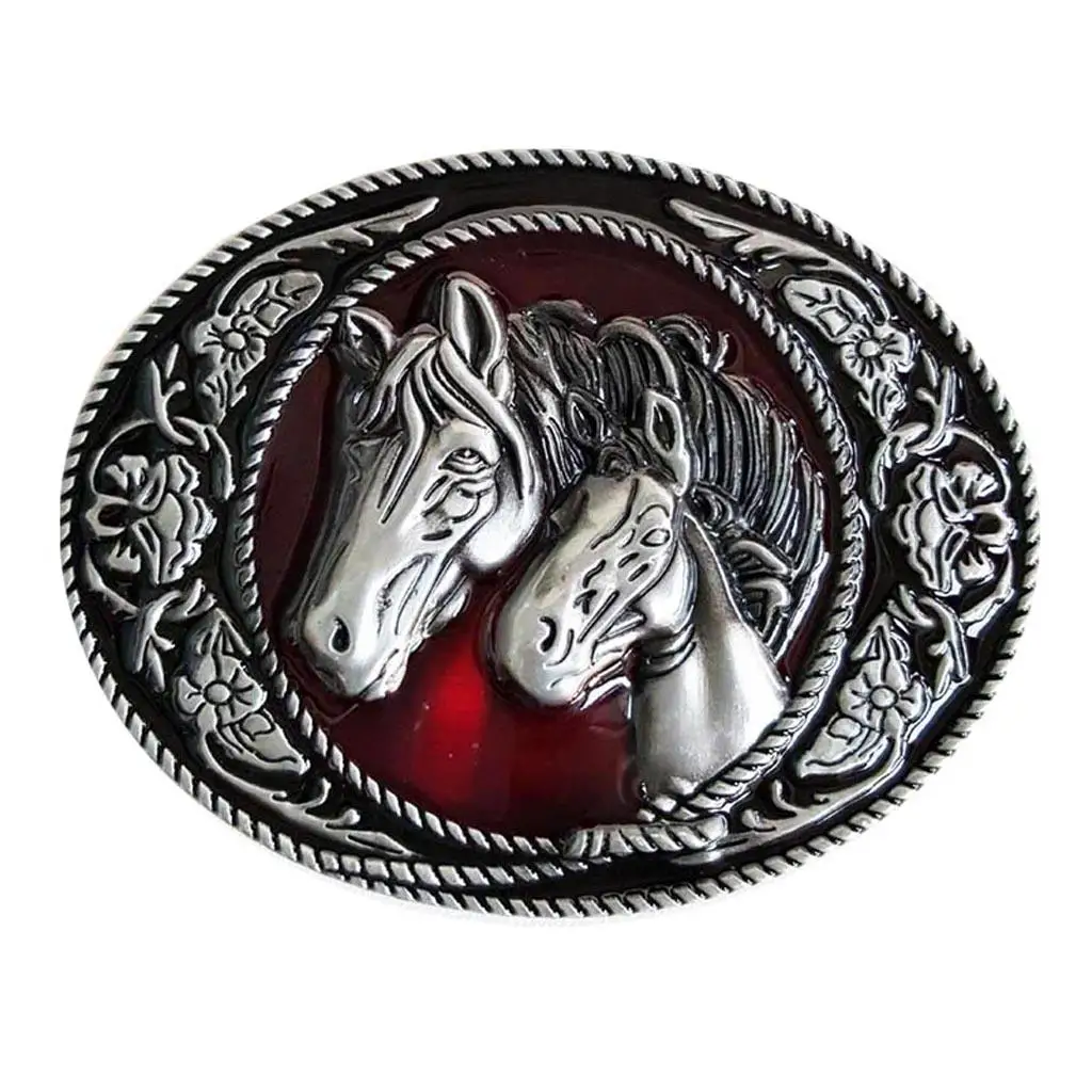 Vintage Enamel Double Horse Head Western Cowboy Belt Buckle