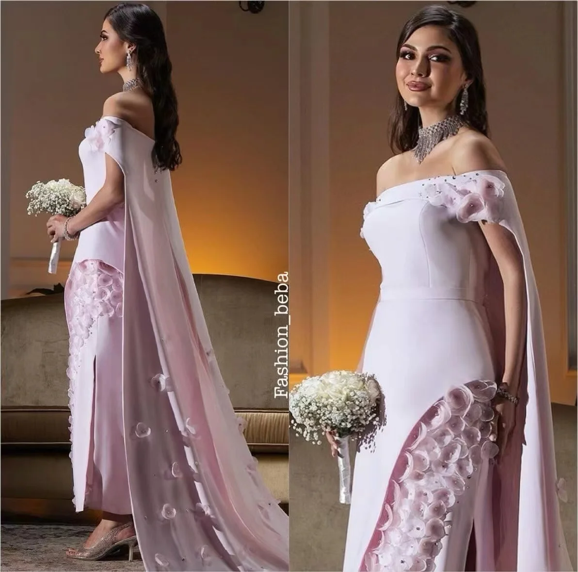 Pink Off the Shoulder Prom Dresses Ankle Length for Arabic Women 2025 Hand Made 3D Flowers Satin Formal Evening Gowns Customized