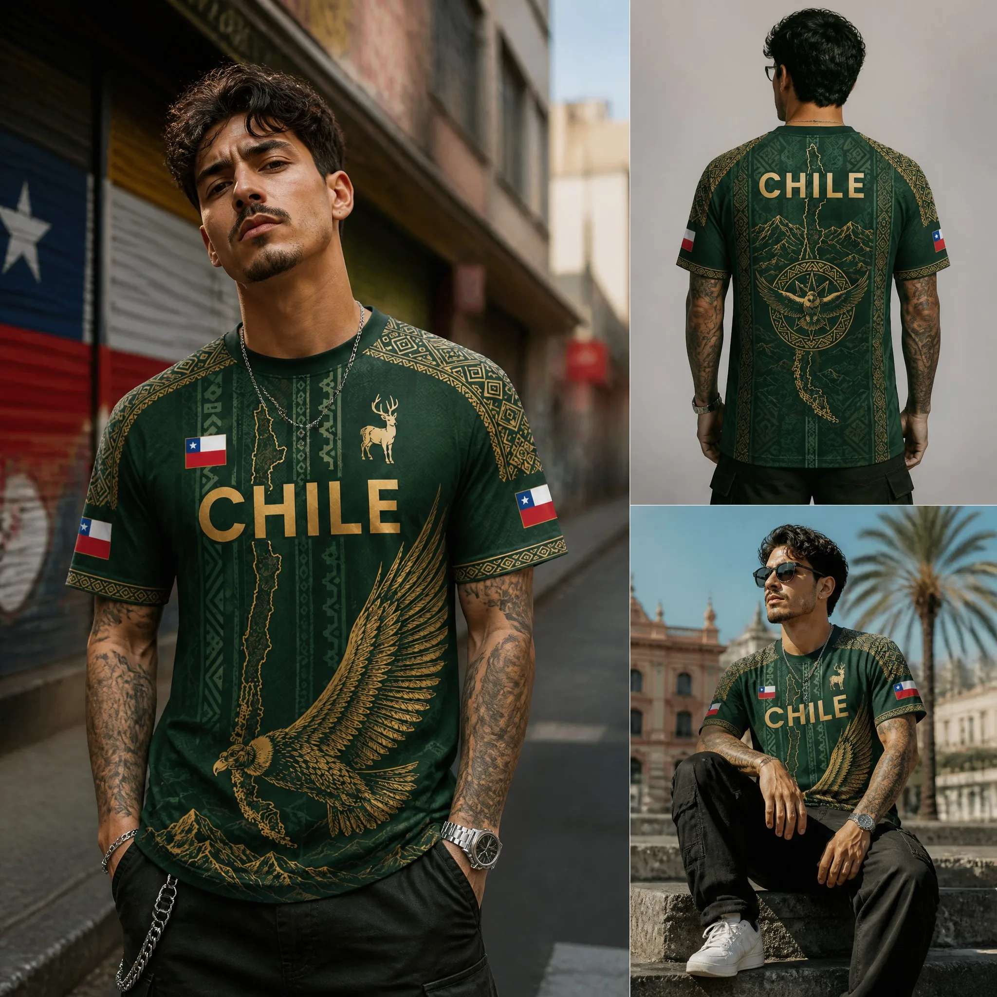 Mens Crew Neck Tee Shirt Chile Green Gold Eagle Deer Mountain Graphic Short Sleeve Casual Street Outdoor Team Style Top Wear Tee