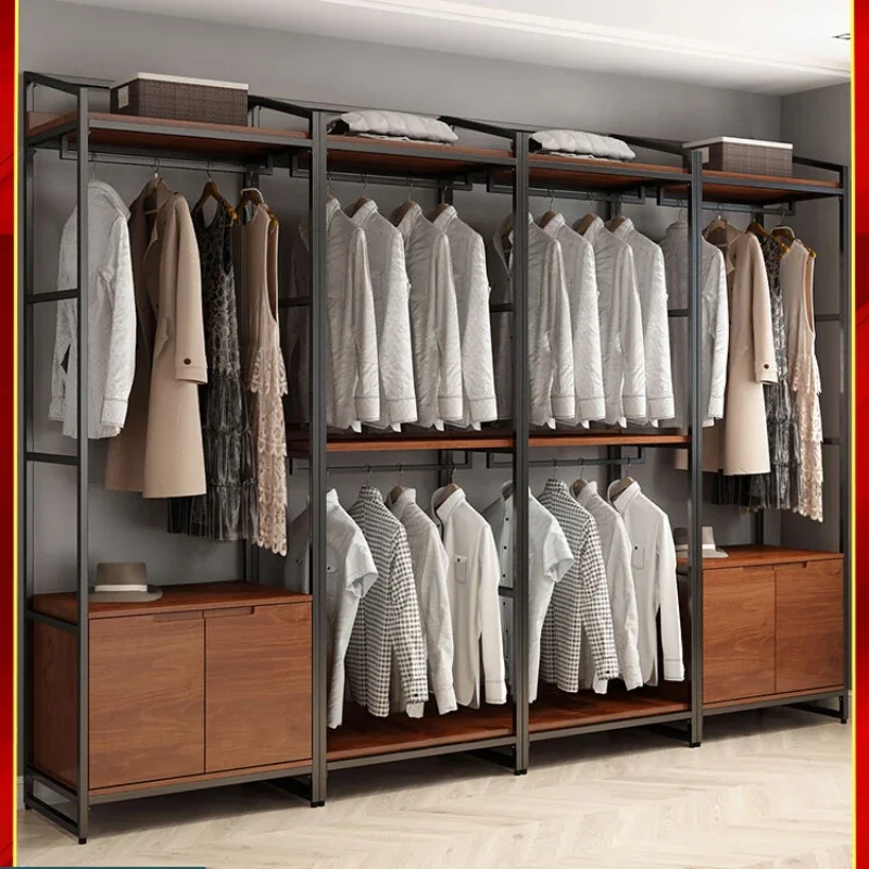 Open Doorless Wardrobe Home Bedroom Wrought Iron Cloakroom Shelves Shelves Walk-in Solid Wood Wardrobe Floor