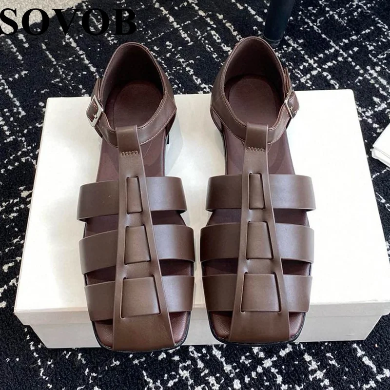 

Summer Genuine Leather Low Heel Sandals Women's Hollowed Out Vintage Closed Toe Roman Sandalias Daily Versatile Single Shoes