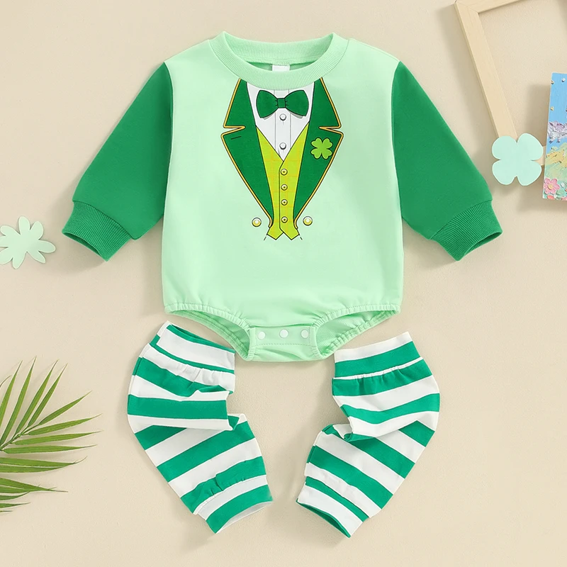 Toddler Boys St Patrick s Day Jumpsuit Short Sleeve Bow Tie Shamrock Print Jumpsuit with Socks